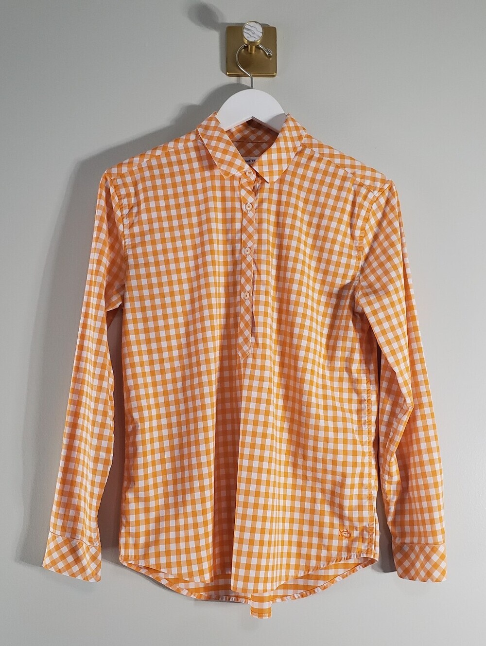 Southern Tide Hadley Gingham Popover Long Sleeve Shirt Women Medium Orange White
